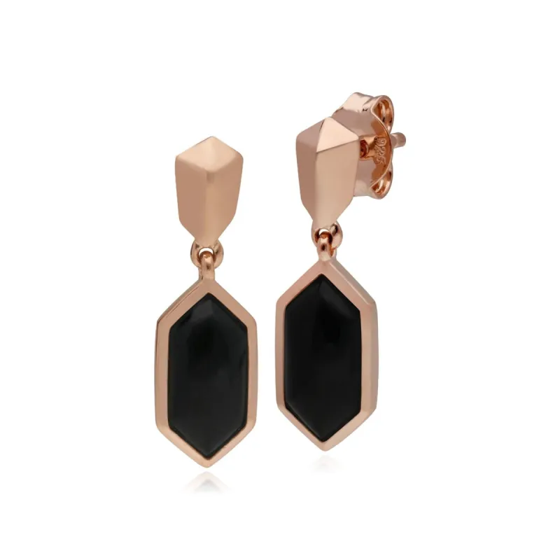 Micro Statement Black Onyx Drop Earrings in Rose Gold Plated Silver sold by Gemondo Jewellery