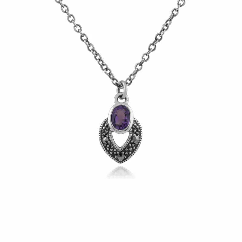 Art Deco Style Oval Amethyst & Marcasite Necklace in 925 Sterling Silver sold by Gemondo Jewellery