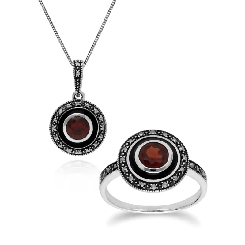 Art Deco Style Round Garnet, Marcasite & Black Enamel Pendant & Ring Set in 925 Sterling Silver made by Gemondo Jewellery