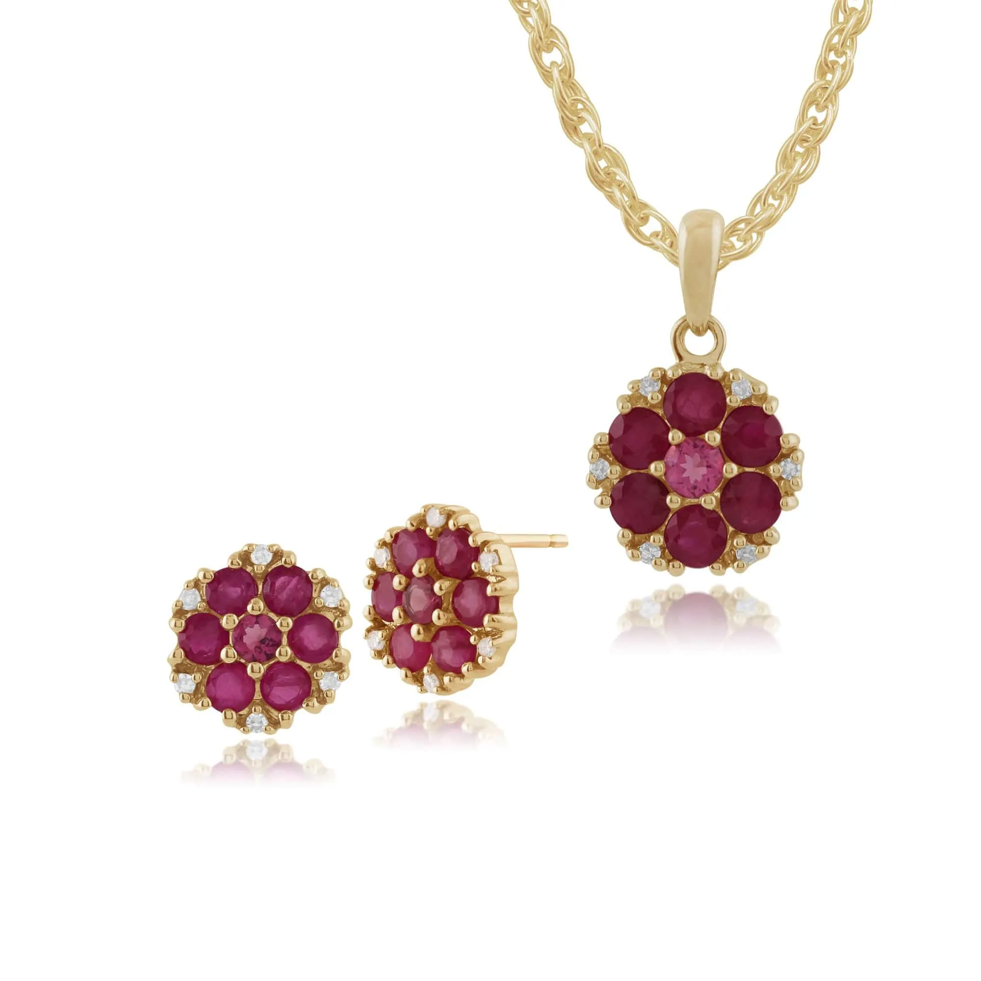 Classic Round Ruby, Tourmaline & Diamond Cluster Stud Earrings & Pendant Set in 9ct Yellow Gold sold by Gemondo Jewellery