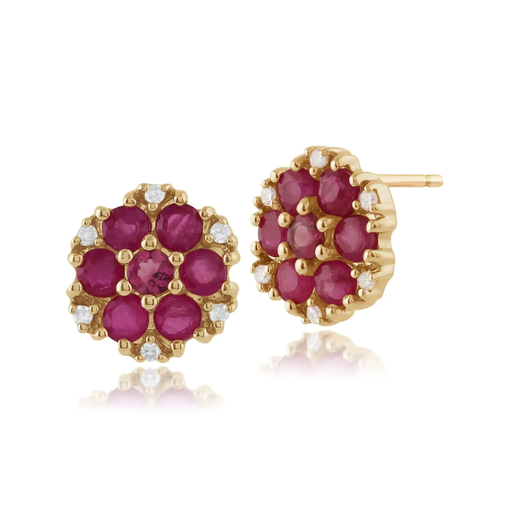 Classic Round Ruby, Tourmaline & Diamond Cluster Stud Earrings & Pendant Set in 9ct Yellow Gold sold by Gemondo Jewellery product image thumbnail 2