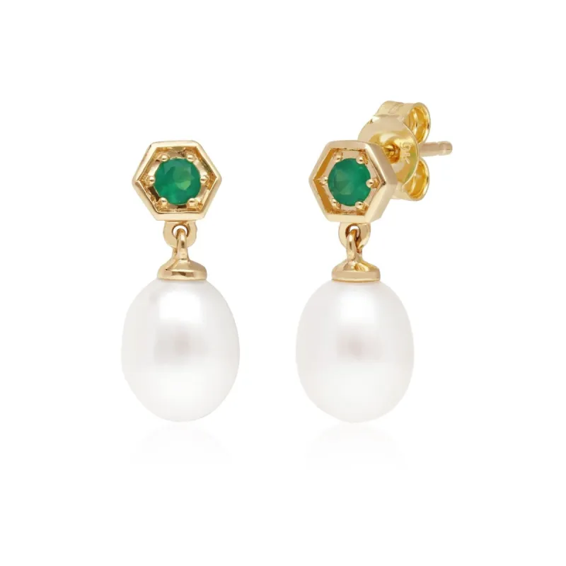 Modern Pearl & Dyed Green Chalcedony Drop Earrings in 9ct Gold sold by Gemondo Jewellery