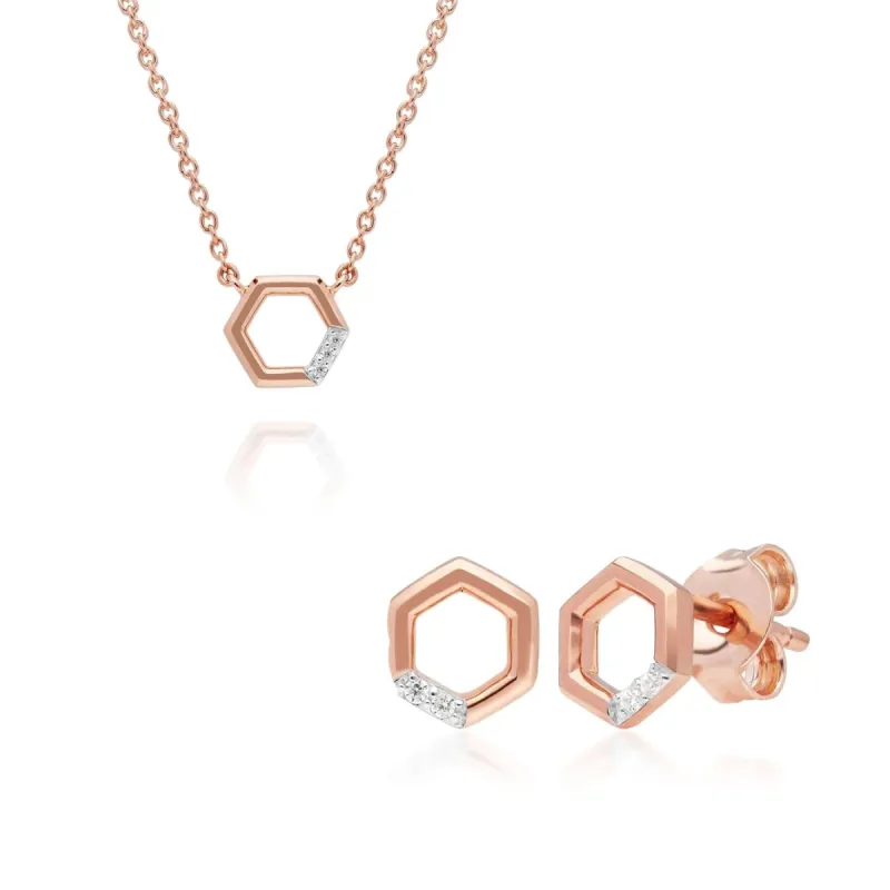 Diamond Pave Hexagon Necklace & Stud Earring Set in 9ct Rose Gold sold by Gemondo Jewellery