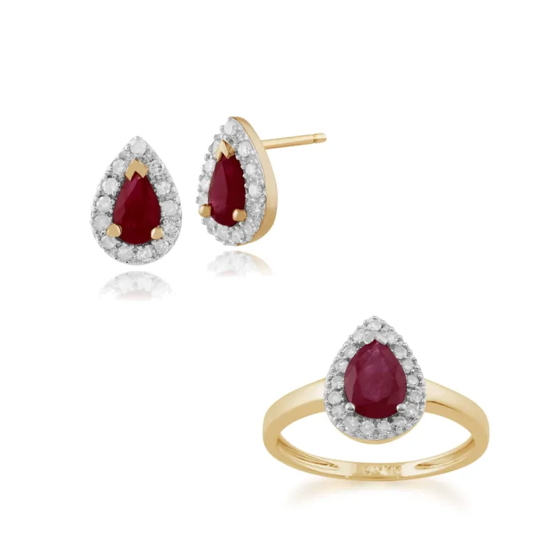 Classic Pear Ruby & Diamond Halo Stud Earrings & Ring Set in 9ct Yellow Gold sold by Gemondo Jewellery