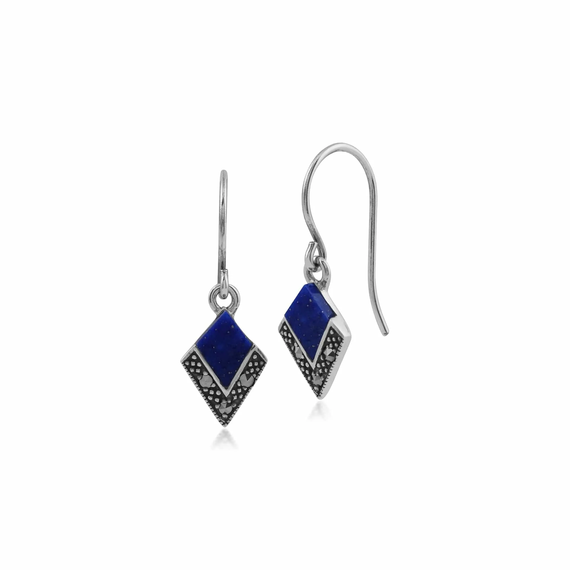 Art Deco Style Lapis Lazuli Cabochon & Marcasite Diamond Shape Drop Earrings in 925 Sterling Silver sold by Gemondo Jewellery
