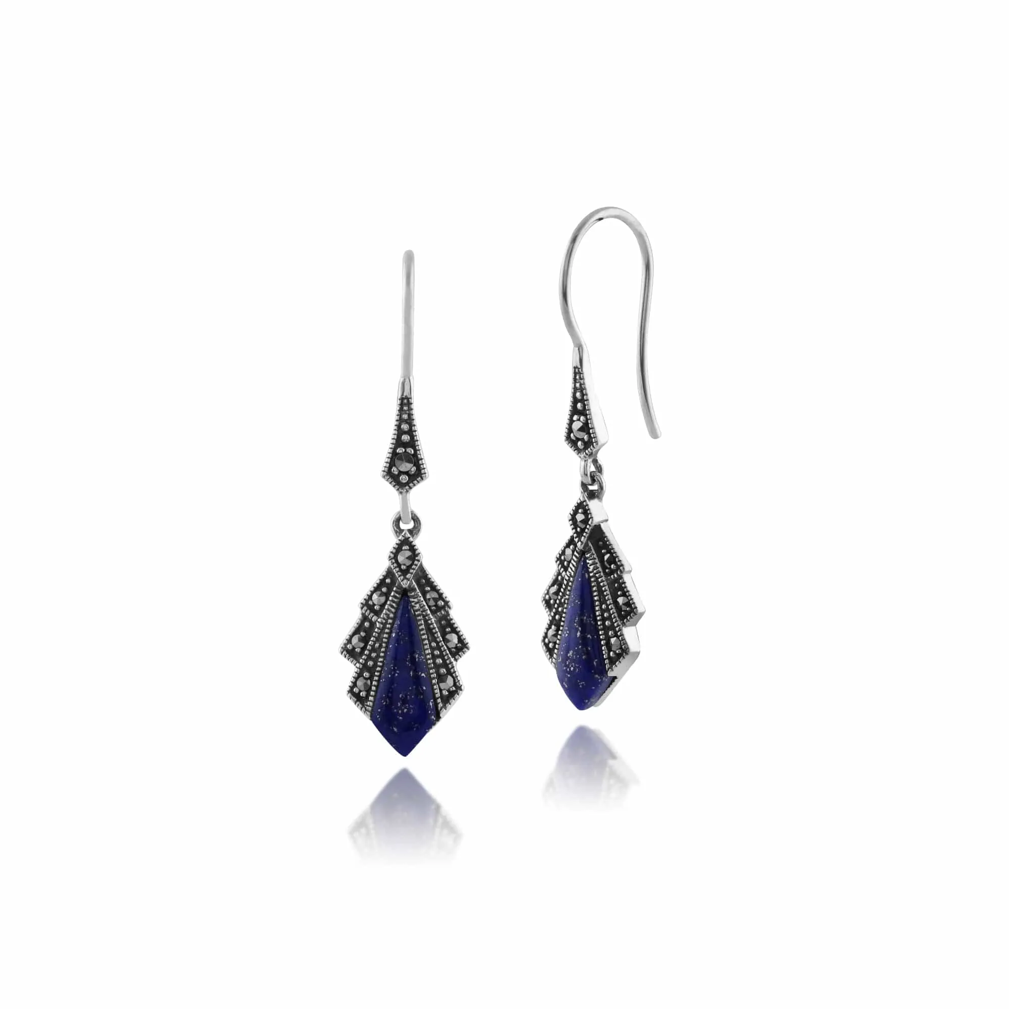 Art Deco Style Style Lapis Lazuli & Round Marcasite Fan Drop Earrings & Pendant Set in 925 Sterling Silver sold by Gemondo Jewellery product image thumbnail 3