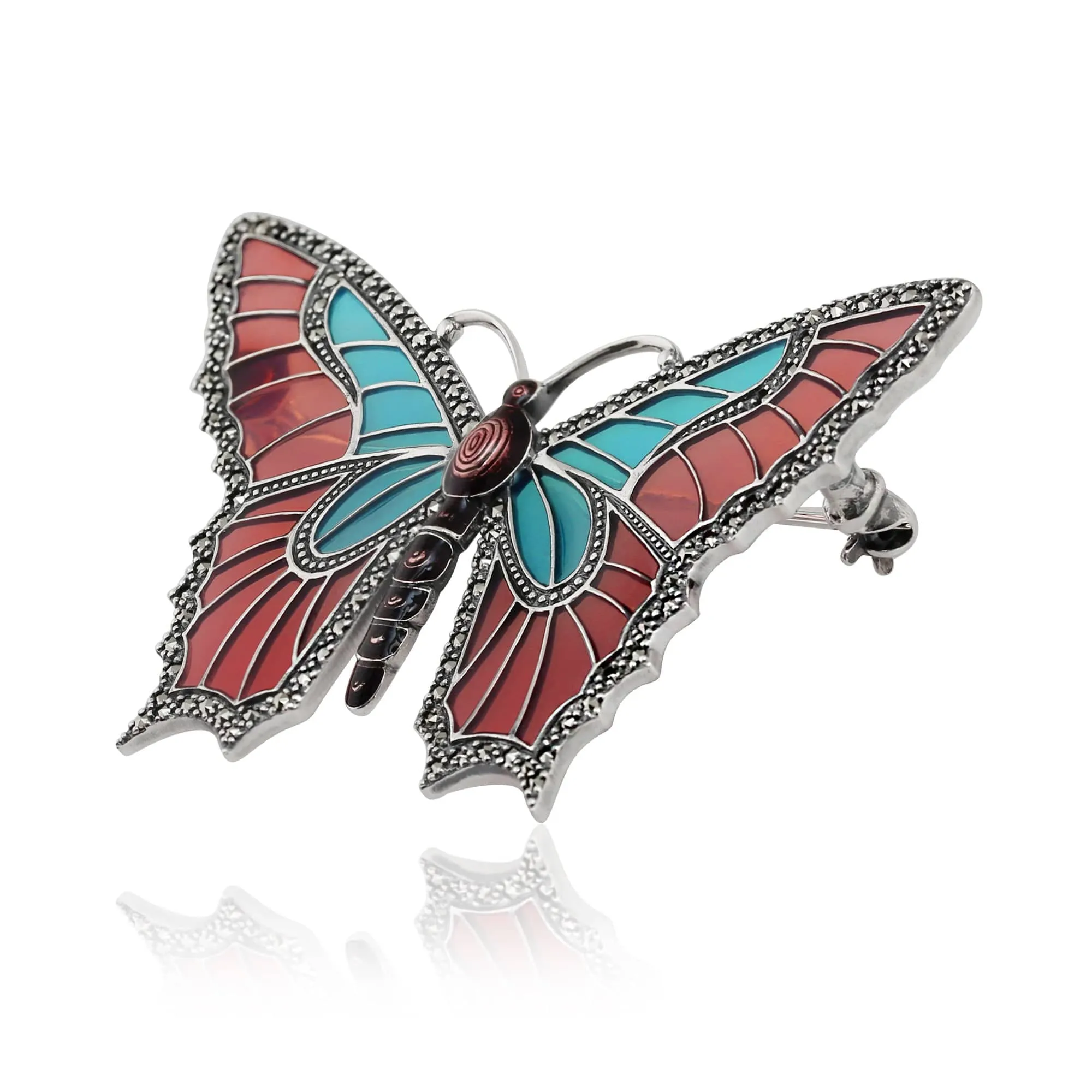Art Nouveau Style Round Marcasite & Enamel Butterfly Brooch in 925 Sterling Silver sold by Gemondo Jewellery product image thumbnail 2