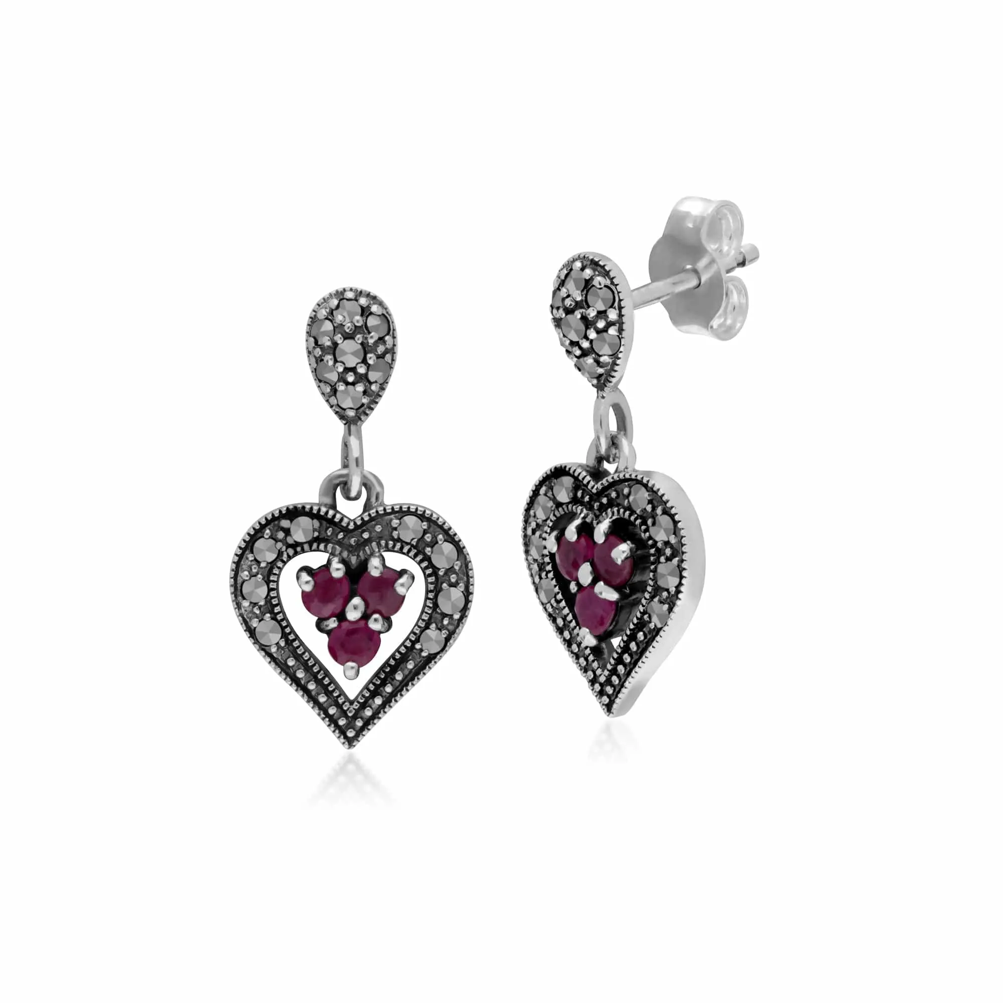 Art Nouveau Style Style Round Ruby & Marcasite Heart Earrings & Pendant Set in 925 Sterling Silver sold by Gemondo Jewellery product image thumbnail 2