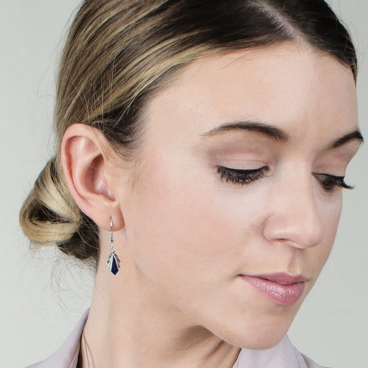 Art Deco Style Style Lapis Lazuli & Round Marcasite Fan Drop Earrings & Pendant Set in 925 Sterling Silver sold by Gemondo Jewellery product image thumbnail 2