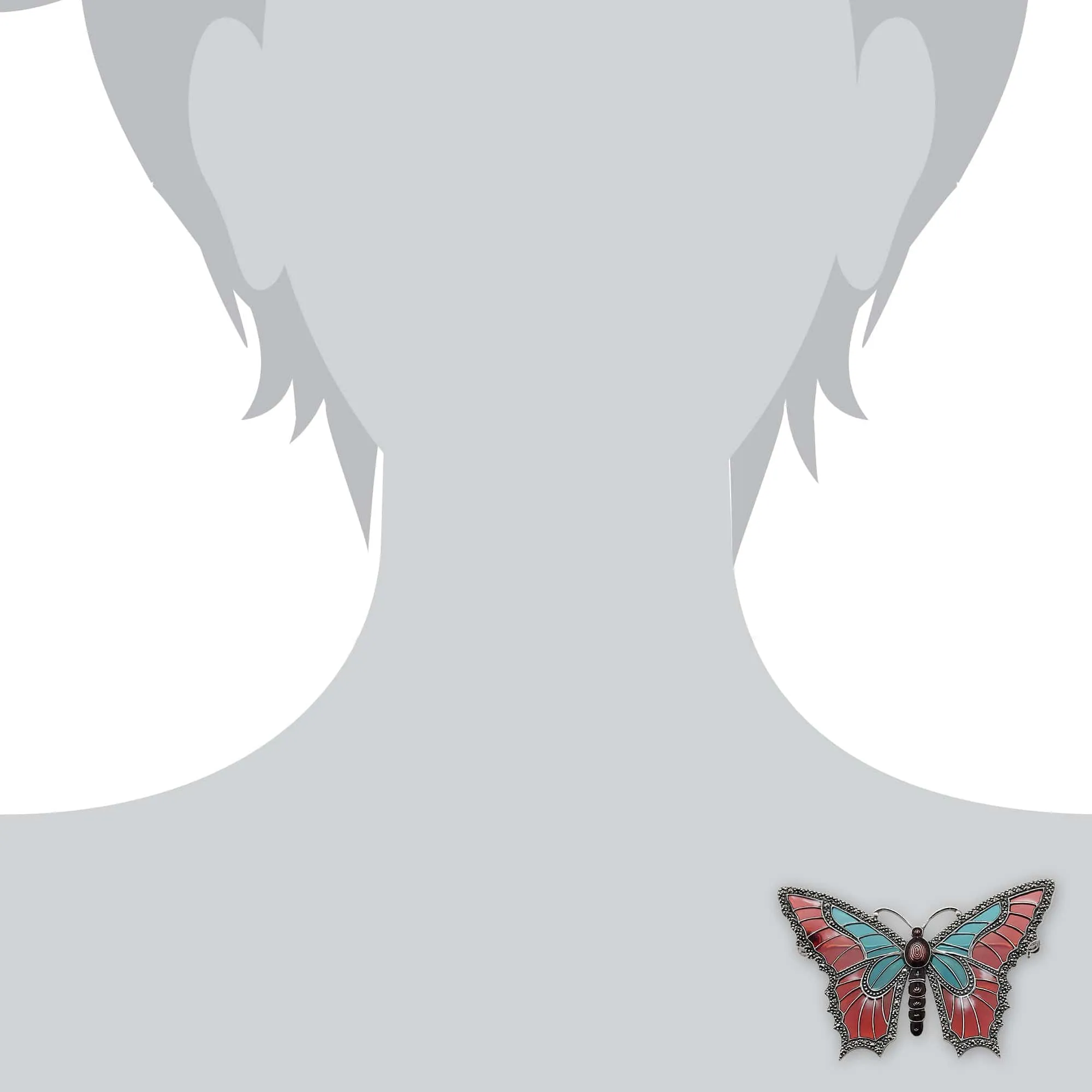 Art Nouveau Style Round Marcasite & Enamel Butterfly Brooch in 925 Sterling Silver sold by Gemondo Jewellery product image thumbnail 3