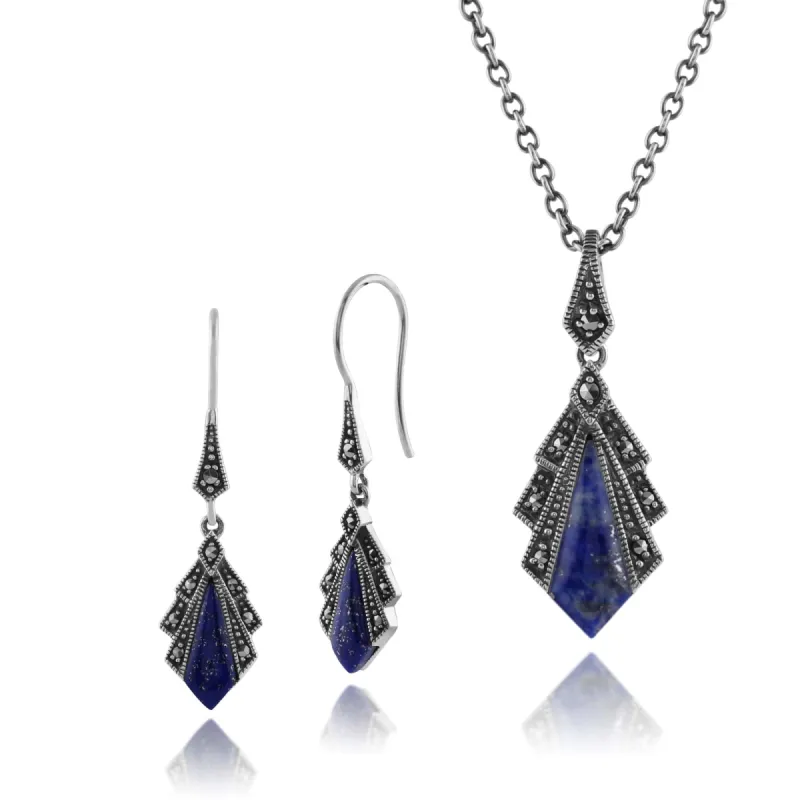Art Deco Style Style Lapis Lazuli & Round Marcasite Fan Drop Earrings & Pendant Set in 925 Sterling Silver sold by Gemondo Jewellery