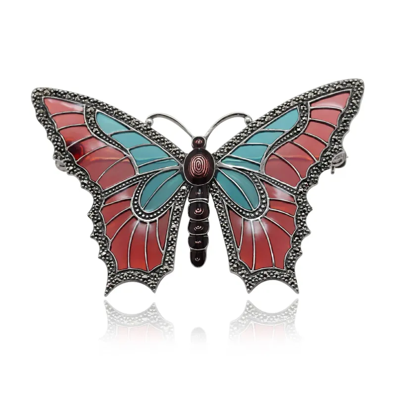 Art Nouveau Style Round Marcasite & Enamel Butterfly Brooch in 925 Sterling Silver sold by Gemondo Jewellery