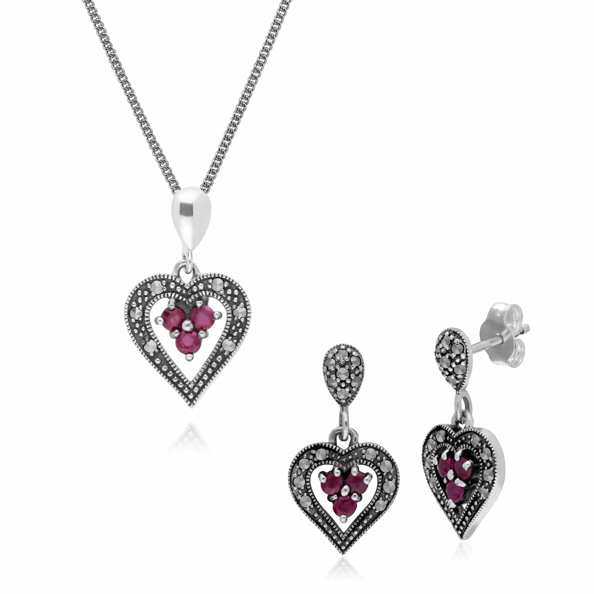 Art Nouveau Style Style Round Ruby & Marcasite Heart Earrings & Pendant Set in 925 Sterling Silver sold by Gemondo Jewellery