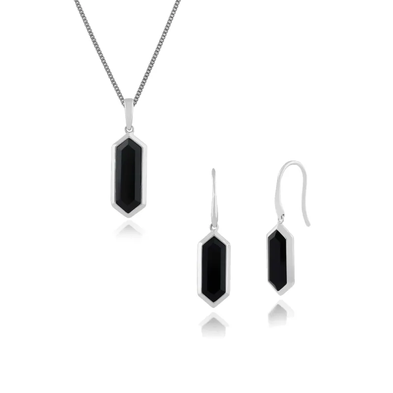 Geometric Hexagon Black Onyx Hexagonal Prism Drop Earrings & Necklace Set in 925 Sterling Silver sold by Gemondo Jewellery