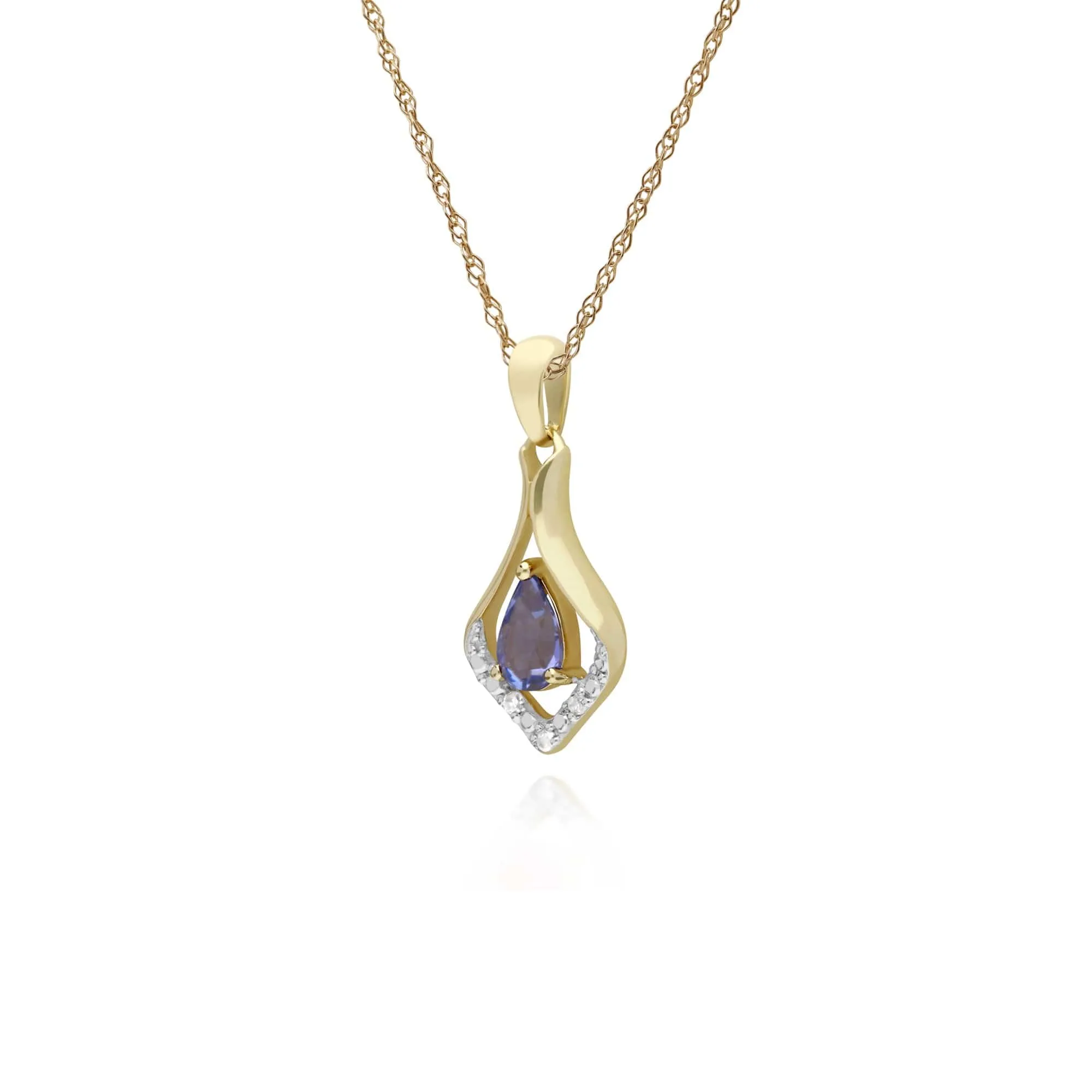 Classic Pear Tanzanite & Three Diamond Leaf Halo Pendant in 9ct Yellow Gold sold by Gemondo Jewellery product image thumbnail 2