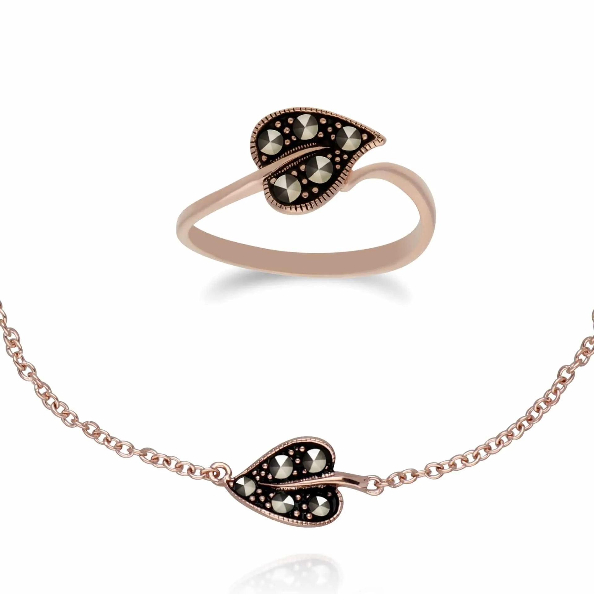 Rose Gold Plated Silver Marcasite Leaf Ring & Bracelet Set sold by Gemondo Jewellery