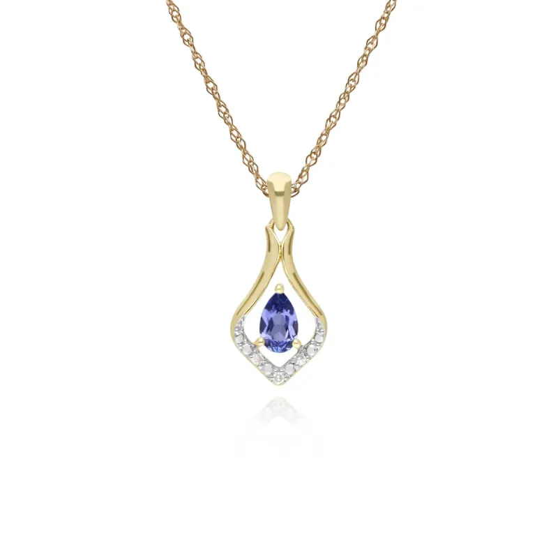 Classic Pear Tanzanite & Three Diamond Leaf Halo Pendant in 9ct Yellow Gold sold by Gemondo Jewellery