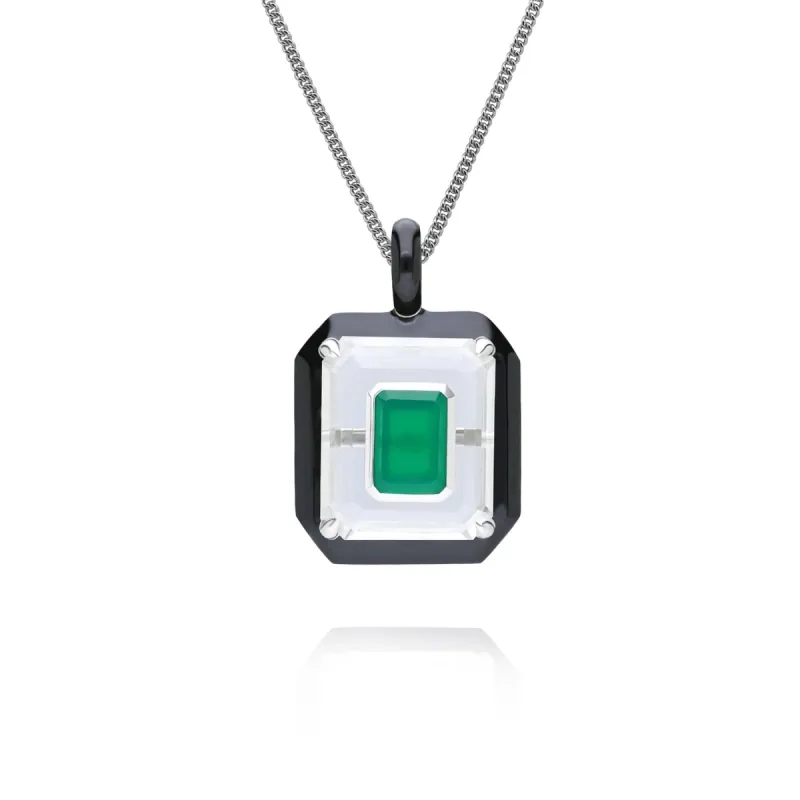 Grand Deco Rock Crystal, Chalcedony & Black Enamel Pendant in Sterling Silver sold by Gemondo Jewellery