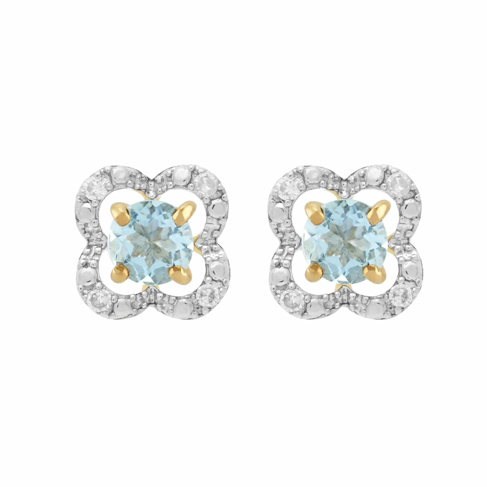 Classic Round Aquamarine Stud Earrings with Detachable Diamond Floral Ear Jacket in 9ct Yellow Gold sold by Gemondo Jewellery