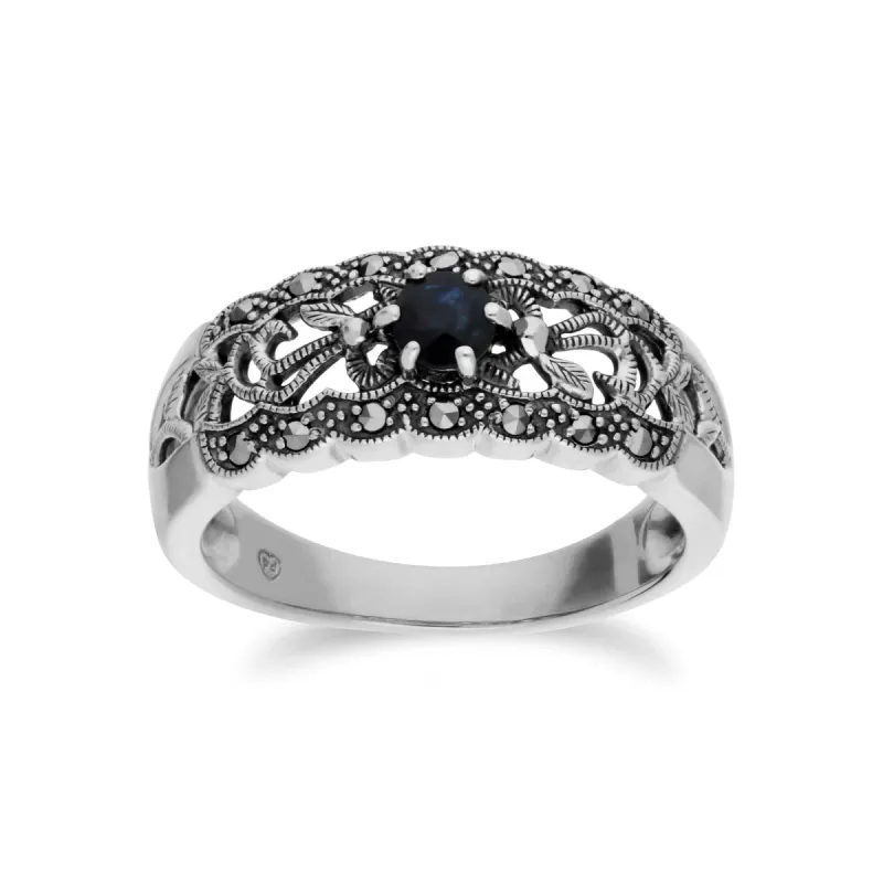 Art Nouveau Style Round Sapphire & Marcasite Floral Band Ring in Sterling Silver sold by Gemondo Jewellery