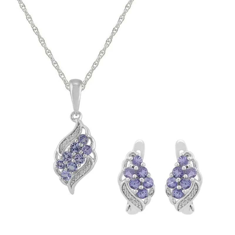 Classic Round Tanzanite & Diamond Cluster Hoop Earrings & Pendant Set in 925 Sterling Silver sold by Gemondo Jewellery