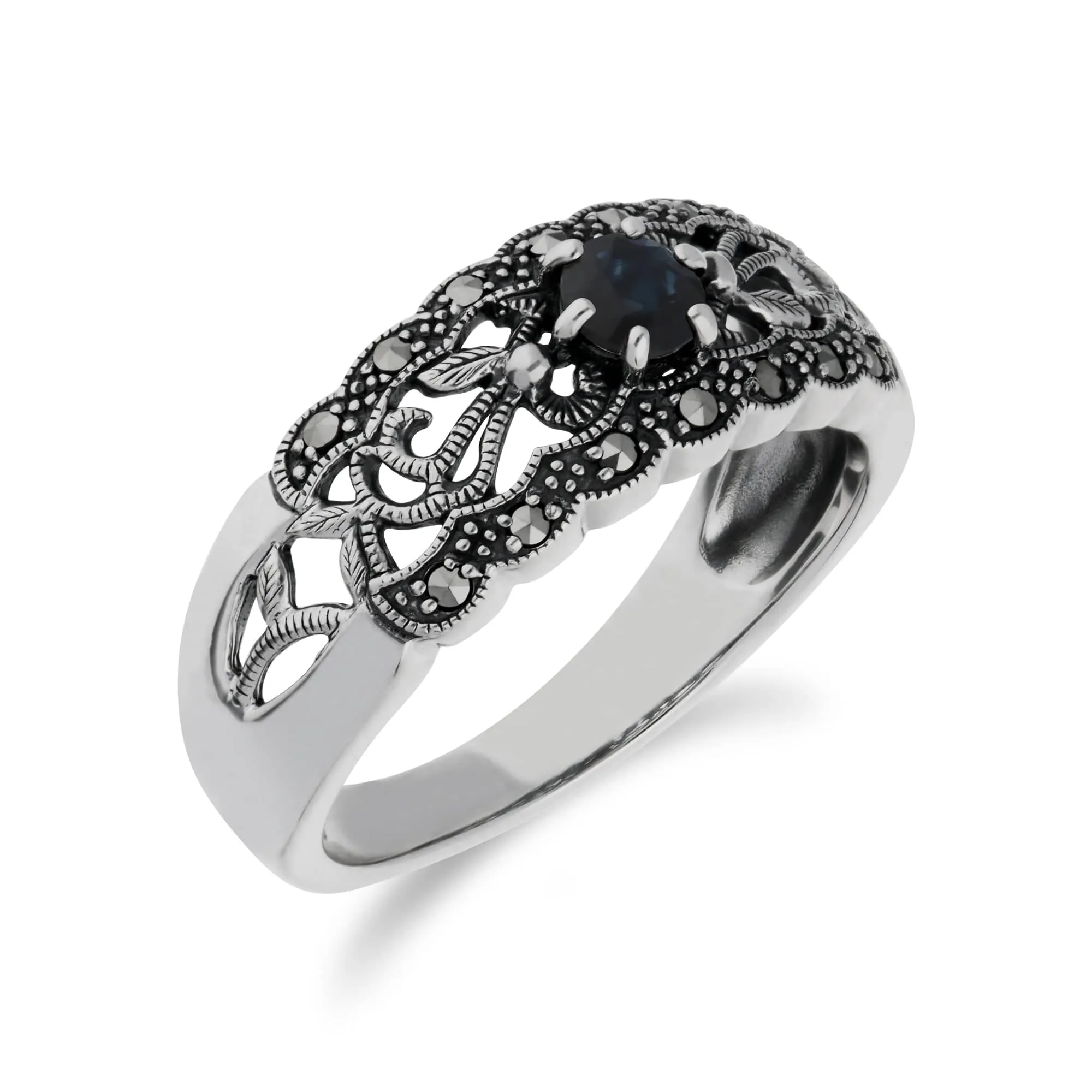 Art Nouveau Style Round Sapphire & Marcasite Floral Band Ring in Sterling Silver sold by Gemondo Jewellery product image thumbnail 3