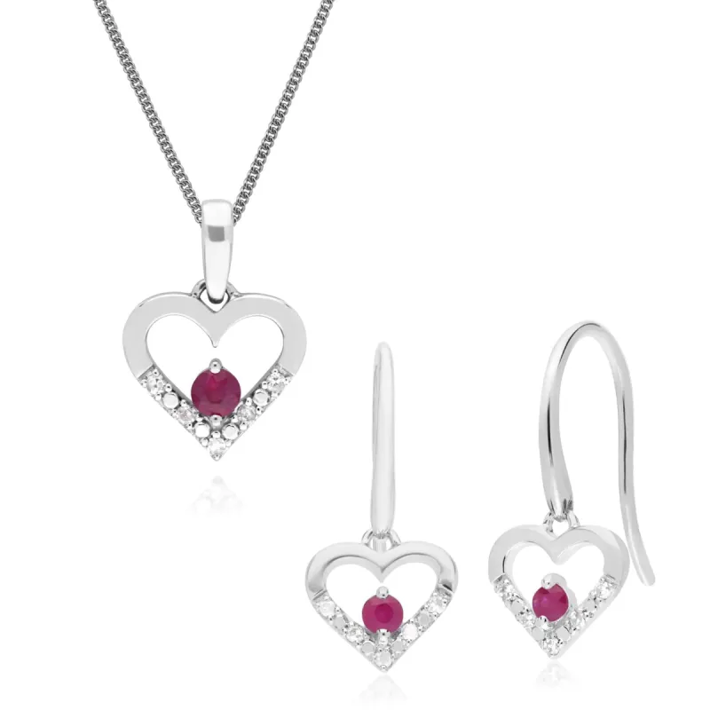 Classic Round Ruby & Diamond Heart Drop Earrings & Pendant Set in 9ct White Gold sold by Gemondo Jewellery