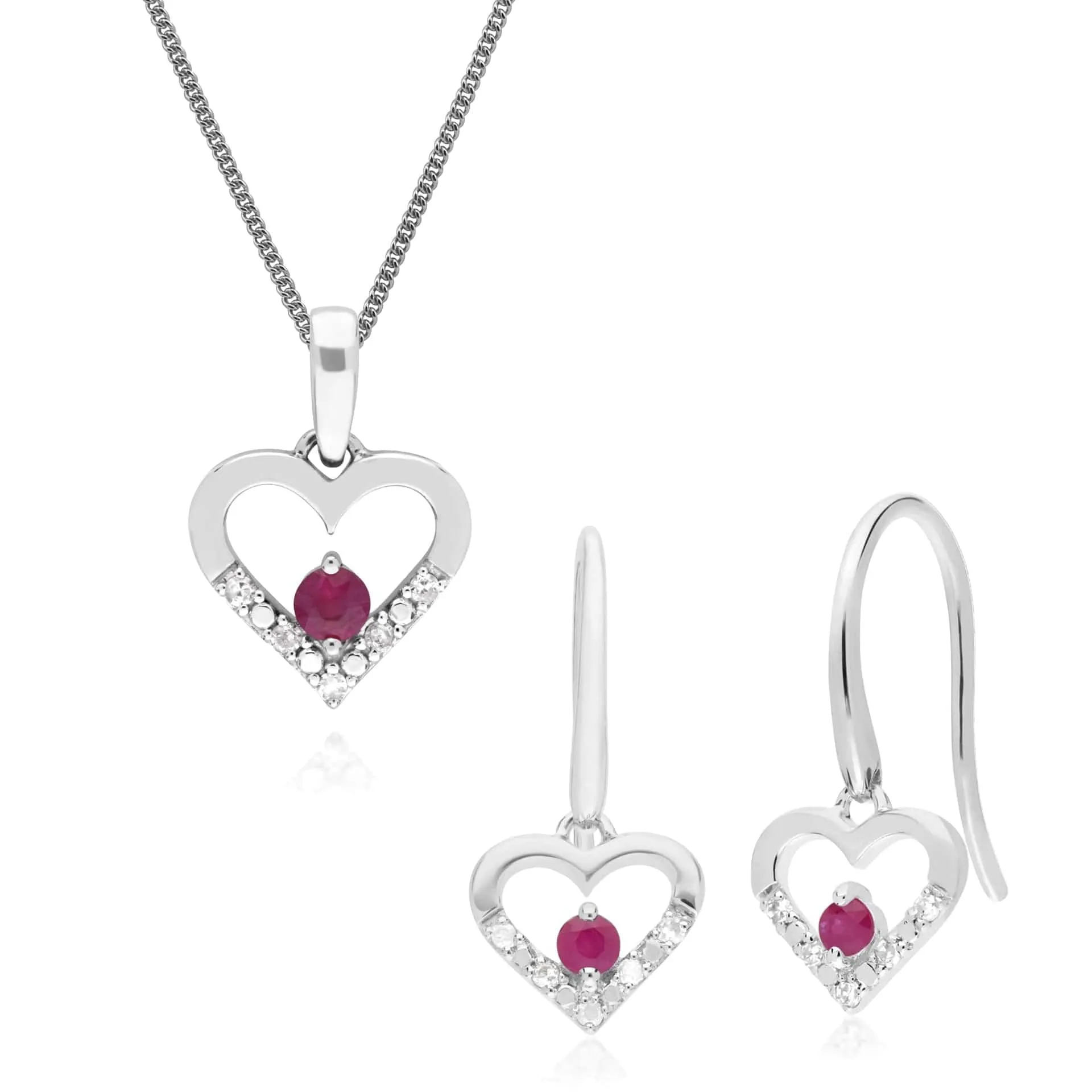 Classic Round Ruby & Diamond Heart Drop Earrings & Pendant Set in 9ct White Gold sold by Gemondo Jewellery