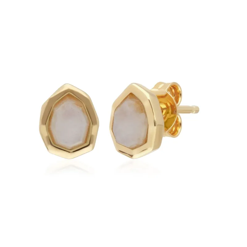 Irregular B Gem Rainbow Moonstone Stud Earrings in Gold Plated Silver sold by Gemondo Jewellery
