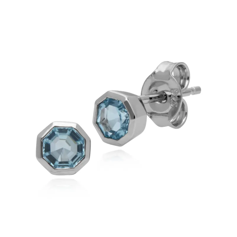 Geometric Octagon Blue Topaz Silver Stud Earrings sold by Gemondo Jewellery