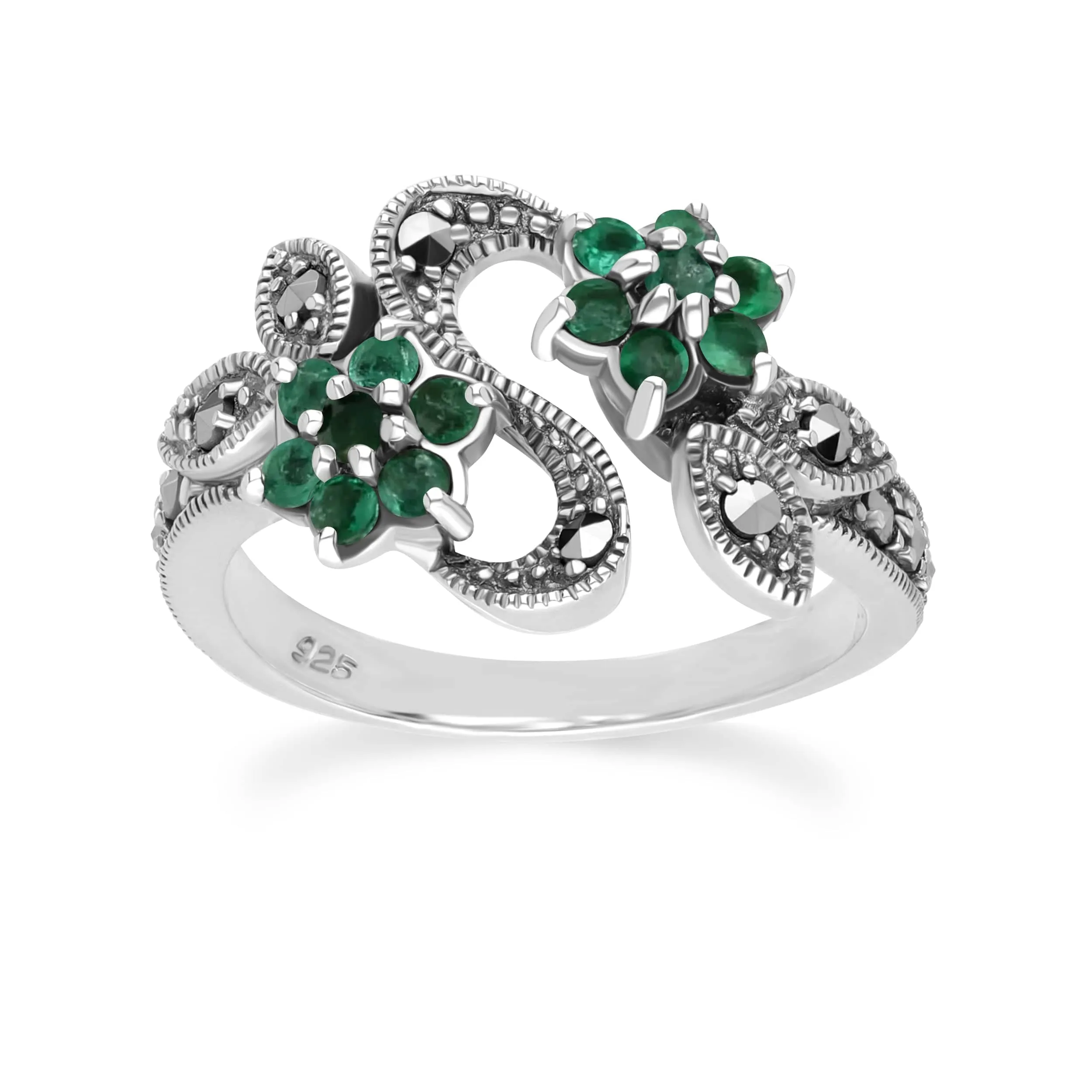 Art Nouveau Style Round Emerald & Marcasite Flower Ring in Sterling Silver sold by Gemondo Jewellery