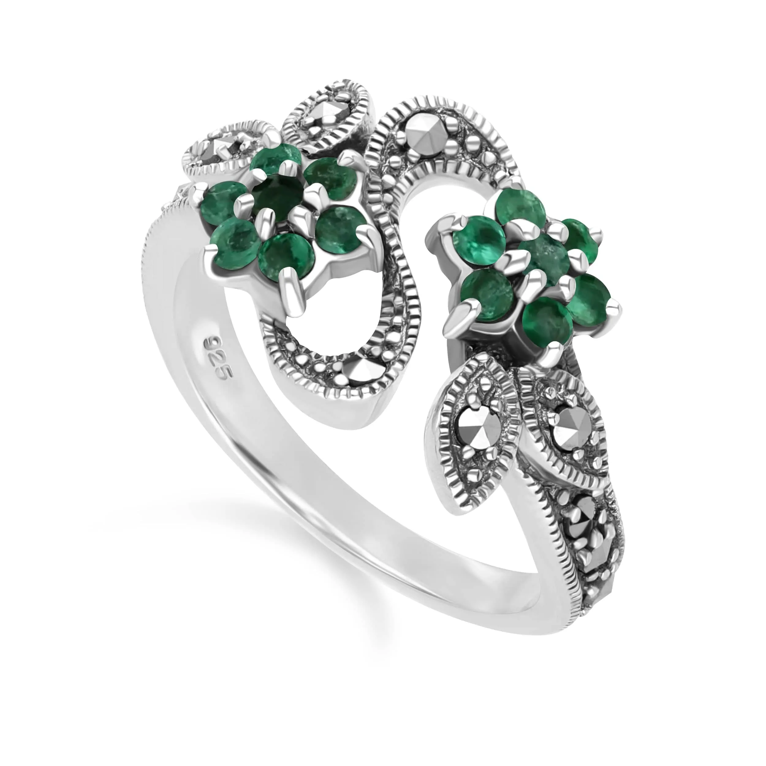 Art Nouveau Style Round Emerald & Marcasite Flower Ring in Sterling Silver sold by Gemondo Jewellery product image thumbnail 2