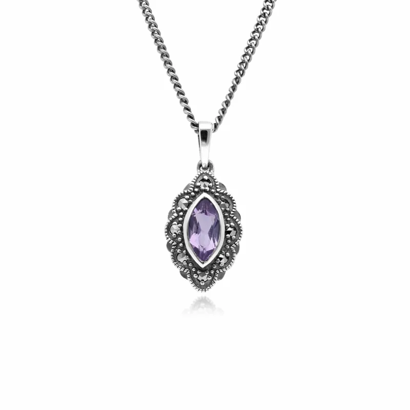 Art Deco Style Marquise Amethyst & Marcasite Pendant in 925 Sterling Silver sold by Gemondo Jewellery