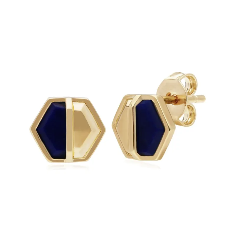 Micro Statement Lapis Lazuli Hexagon Stud Earrings in Gold Plated Silver sold by Gemondo Jewellery