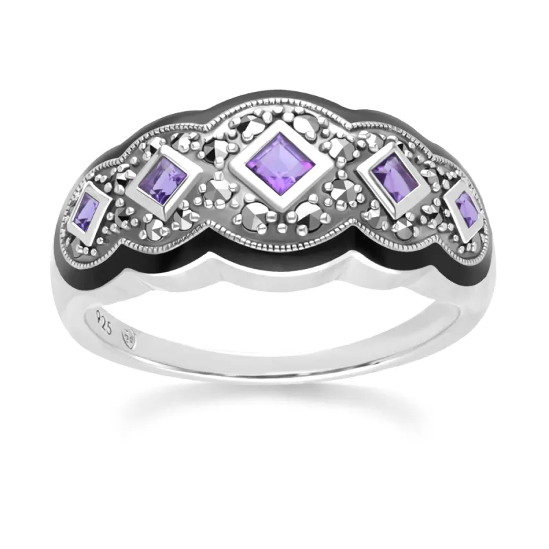 Art Deco Style Square Amethyst Five Stone and Marcasite Ring in Sterling Silver sold by Gemondo Jewellery