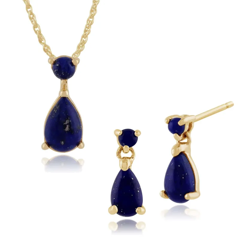 Classic Oval Lapis Lazuli Cabochon Bezel Drop Earrings & Pendant Set in Gold Plated 925 Sterling Silver sold by Gemondo Jewellery