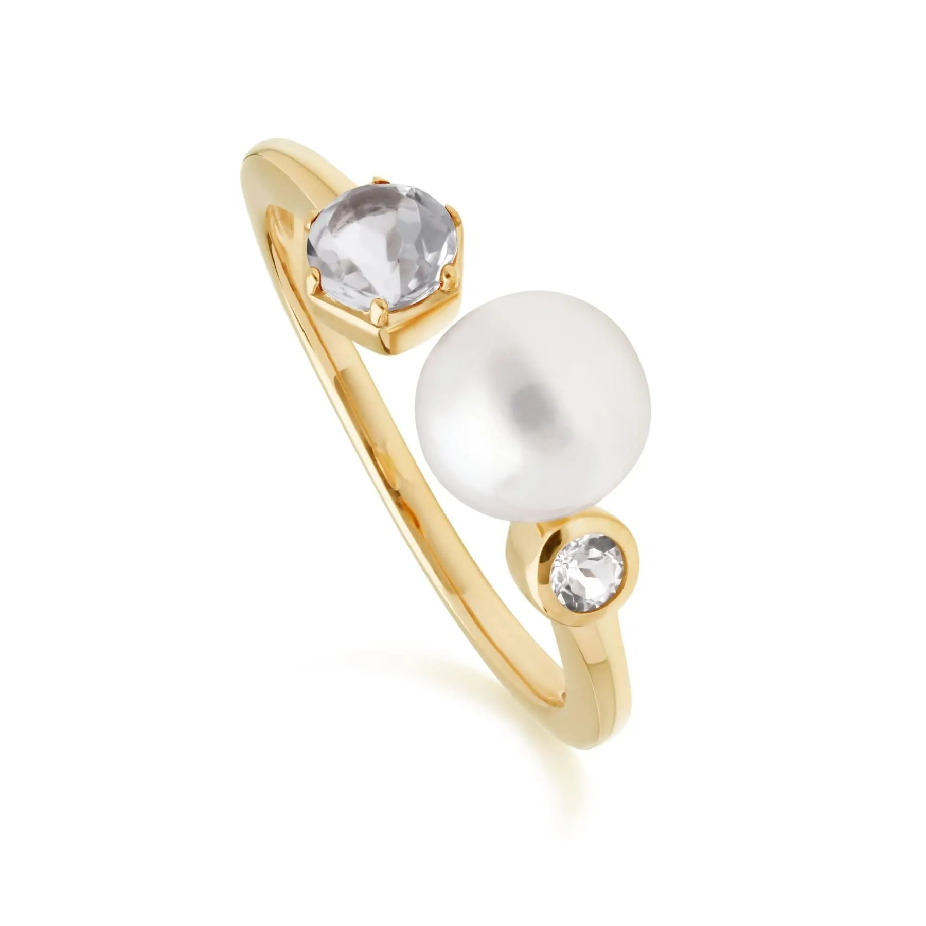 Modern Pearl & White Topaz Open Ring in Gold Plated Silver sold by Gemondo Jewellery