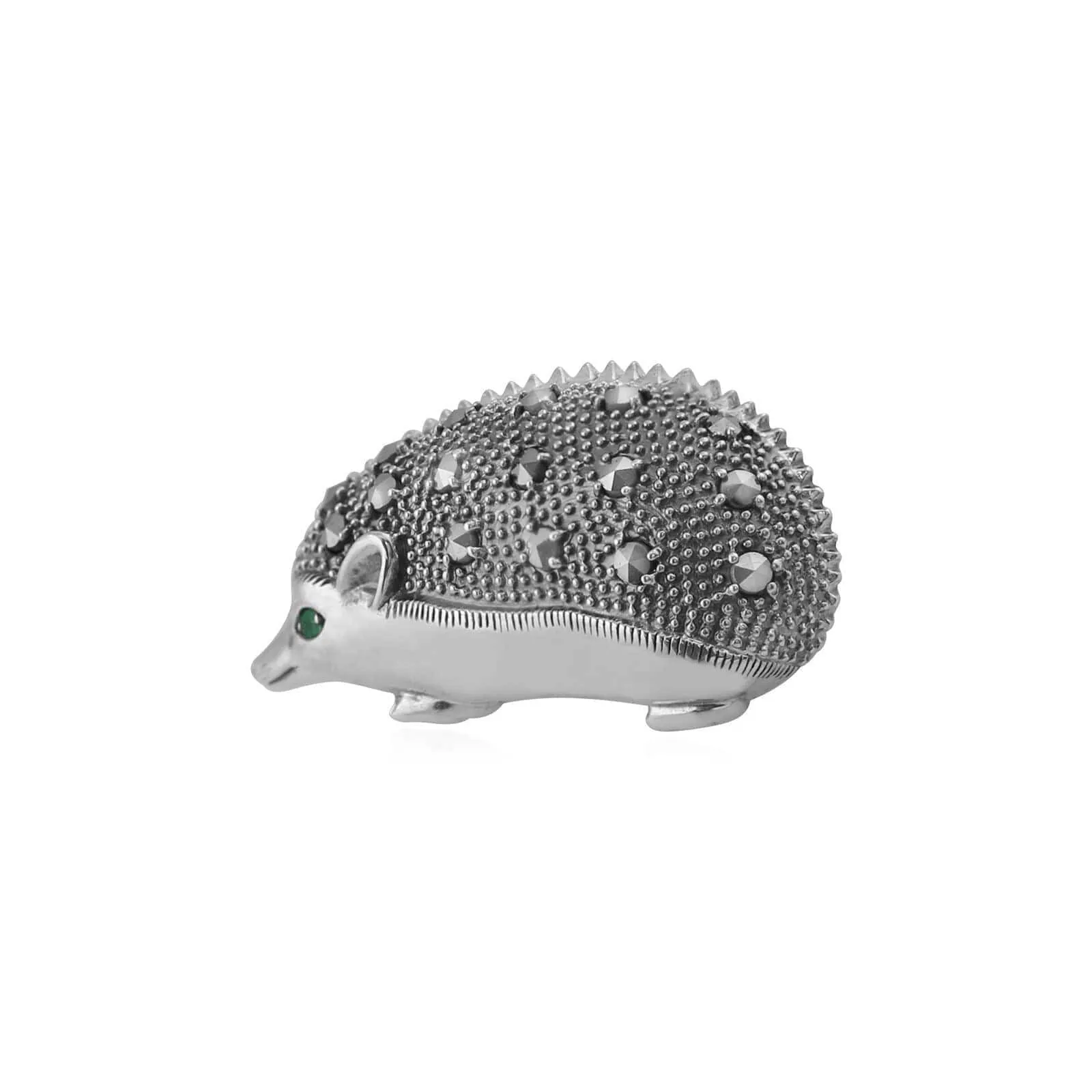 Classic Round Marcasite & Emerald Hedgehog Brooch in 925 Sterling Silver sold by Gemondo Jewellery
