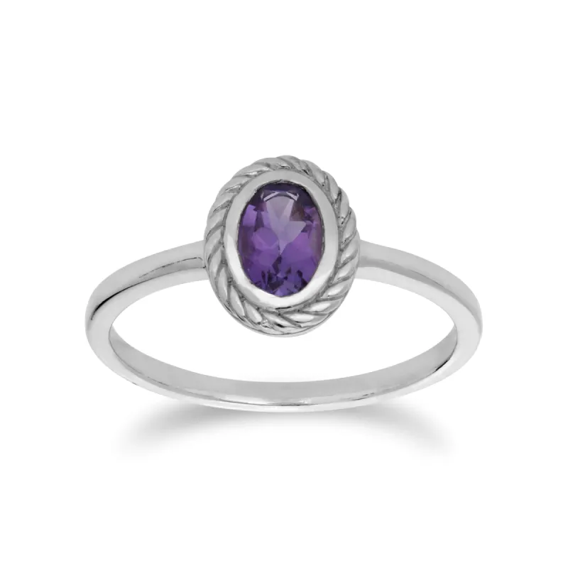 Classic Oval Amethyst Rope Design Ring in 925 Sterling Silver sold by Gemondo Jewellery