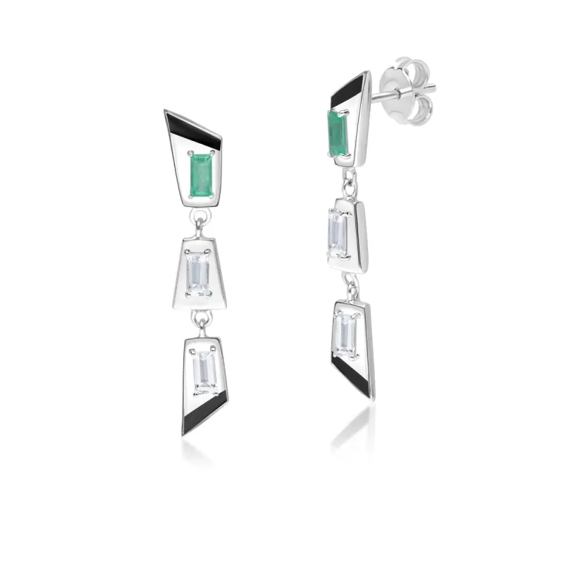 Grand Deco Emerald & White Topaz Retro Drop Earrings In Sterling Silver sold by Gemondo Jewellery