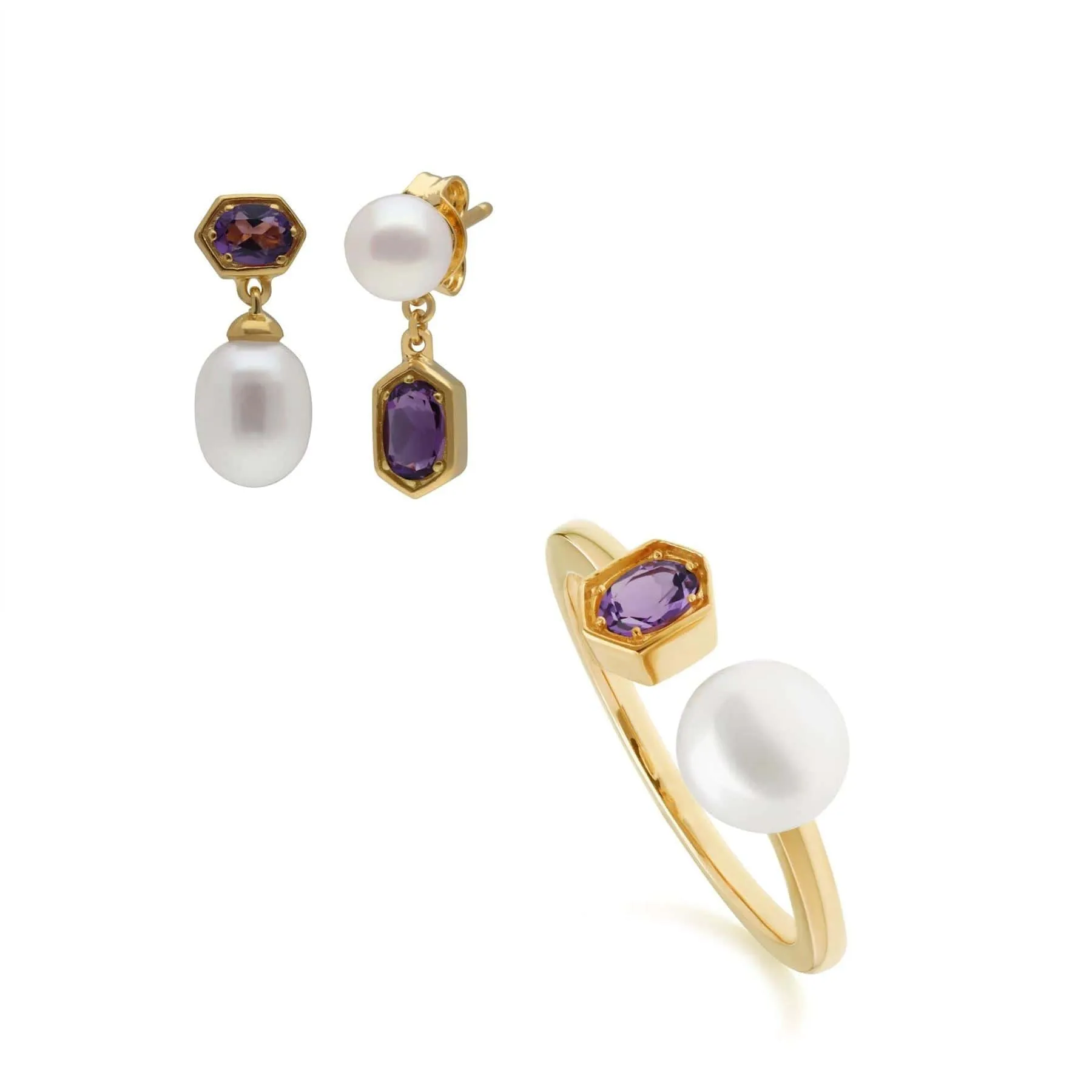 Modern Pearl & Amethyst Earring & Ring Set in Gold Plated Silver sold by Gemondo Jewellery