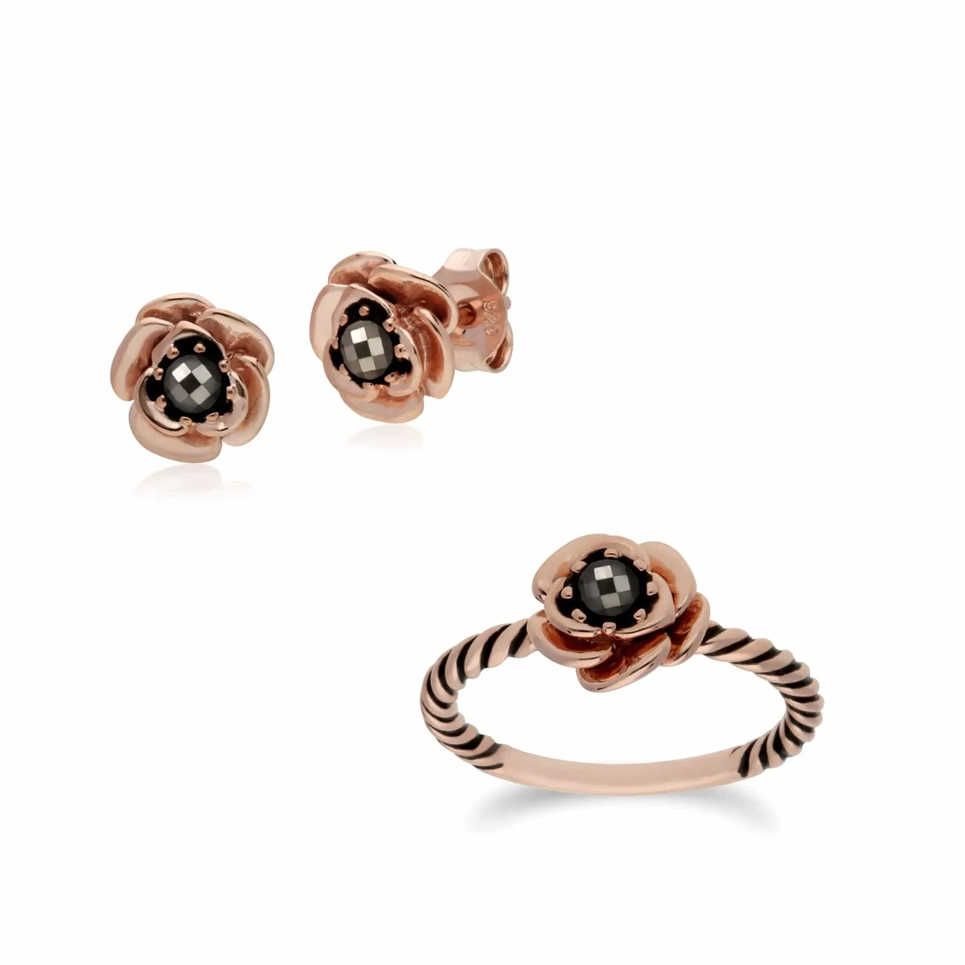 Rose Gold Plated Marcasite Flower Stud Earrings & Ring Set in 925 Sterling Silver sold by Gemondo Jewellery