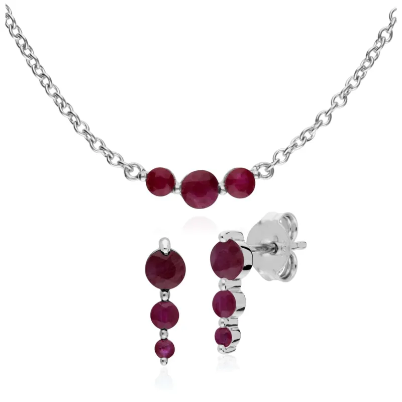 Classic Round Ruby Three Stone Gradient Earrings & Necklace Set in 925 Sterling Silver sold by Gemondo Jewellery