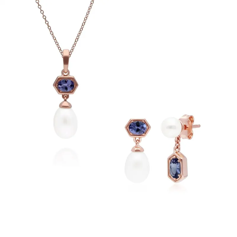 Modern Pearl & Tanzanite Pendant & Earring Set in Rose Gold Plated Silver sold by Gemondo Jewellery