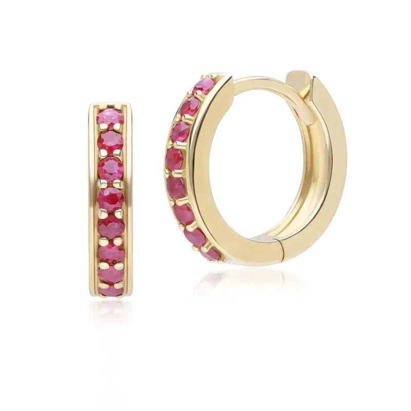 Classic Ruby Huggie Hoop Earrings in 9ct Yellow Gold sold by Gemondo Jewellery