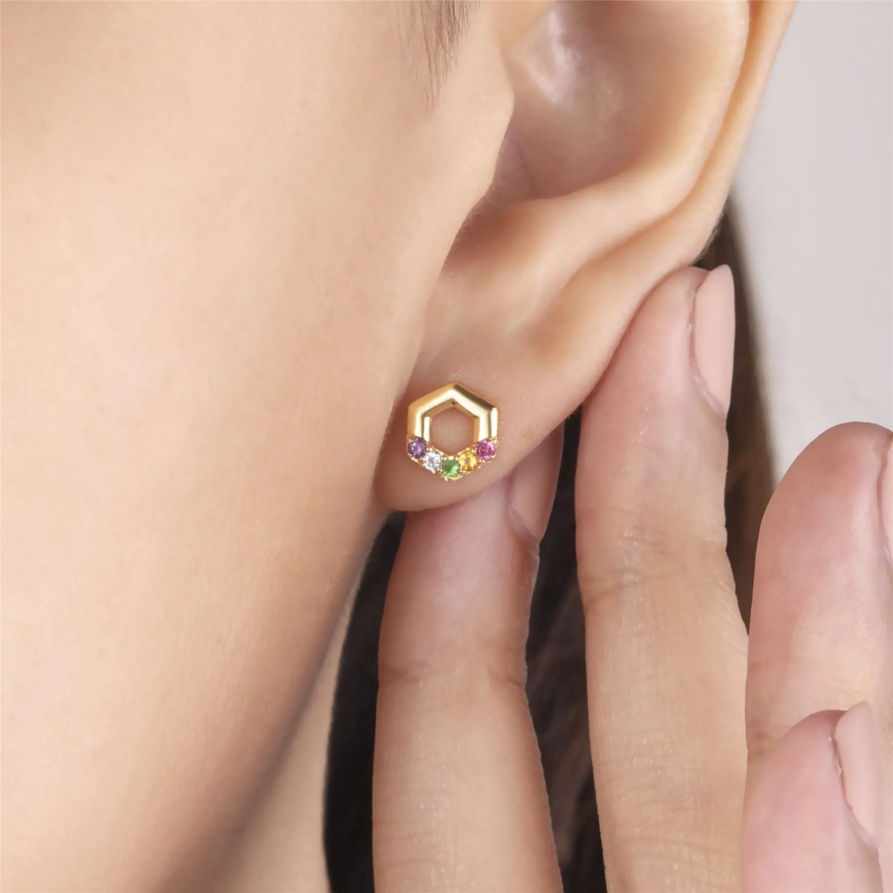 Rainbow Hexagon Stud Earrings in Gold Plated Sterling Silver sold by Gemondo Jewellery product image thumbnail 2