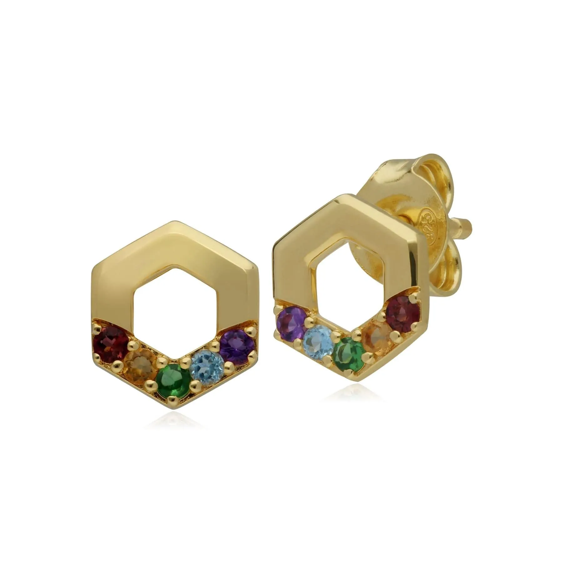 Rainbow Hexagon Stud Earrings in Gold Plated Sterling Silver sold by Gemondo Jewellery