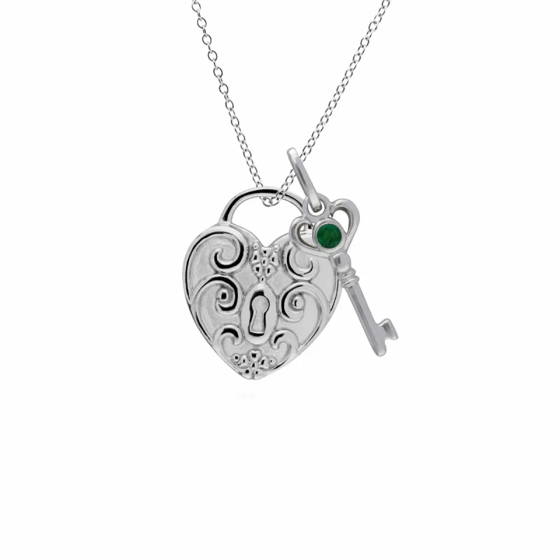 Classic Swirl Heart Lock Pendant & Emerald Key Charm in 925 Sterling Silver sold by Gemondo Jewellery