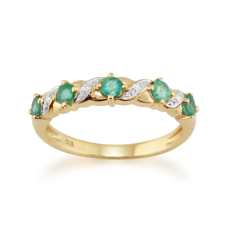 Classic Art Nouveau Round Emerald & Diamond Half Eternity Ring In 9ct Yellow Gold sold by Gemondo Jewellery