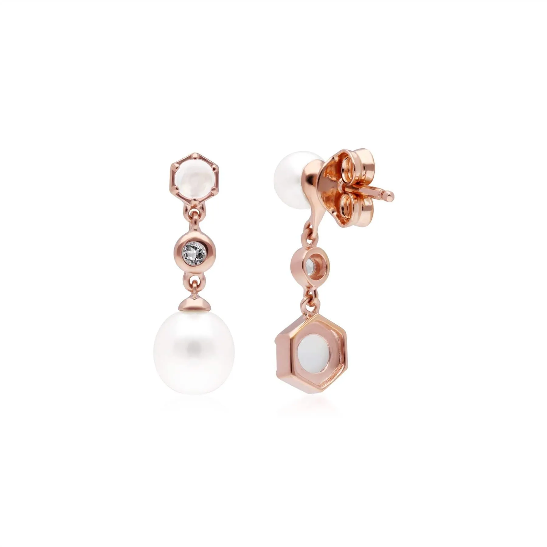 Modern Pearl, Moonstone & Topaz Mismatched Drop Earrings in Rose Gold Plated Silver sold by Gemondo Jewellery product image thumbnail 2